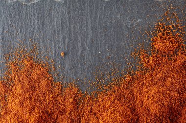 Doku arka plan. Kırmızı biber biber tozu. Üstten Görünüm