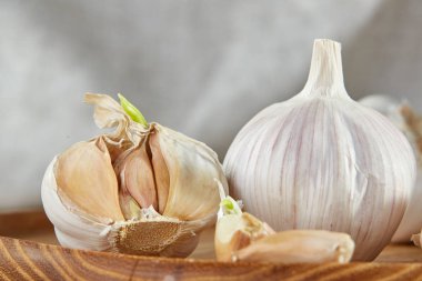 Sarımsak yakın çekim rustik arka plan, sığ derinliği alan, seçici odak, makro üzerinde ahşap plaka üzerinde