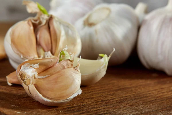 Knoflook close-up op rustieke houten achtergrond, ondiepe diepte van veld, selectieve aandacht, macro — Stockfoto