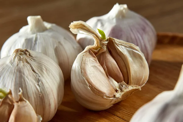 Knoflook close-up op rustieke houten achtergrond, ondiepe diepte van veld, selectieve aandacht, macro — Stockfoto