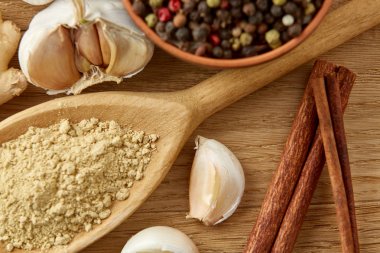 Spicies ahşap masa arka plan, seçici odak üzerinde toz baharat kaşık ve farklı kompozisyonu türlü