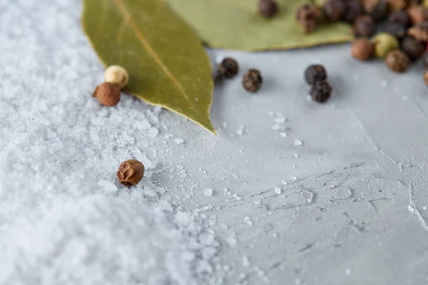 Composition of bay laurel leaf with peppercorn and salt isolated on light background, top view, closeup, selective focus