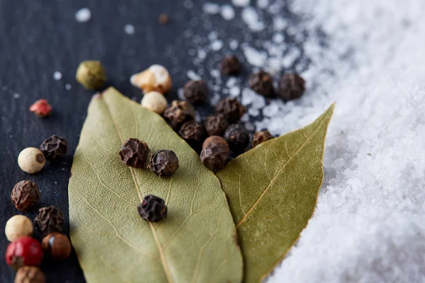 Composition of bay laurel leaf with peppercorn and salt isolated on dark background, top view, close-up, selective focus