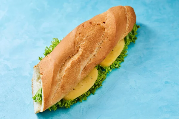Świeże i smaczne kanapki z serem i warzywami na deska do krojenia na niebieskim tle, Selektywny fokus. — Zdjęcie stockowe