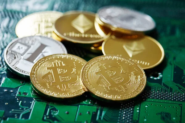 Cryptocurrencies anakart üzerinde bir daire içinde yığını. Cryptocurrency kavramı, yakın çekim, seçici odak