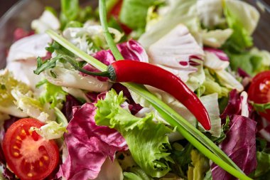 Taze sebze salatası ve olgun sebzeler üzerinde kesme ahşap arka plan üzerinde kurulu, seçici odak, yakın