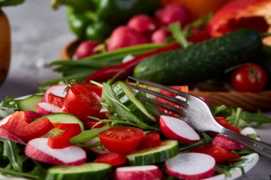 Sebzeler, otlar ve spicies, üstten görünüm, seçici odak ile plakalar arasında ahşap kase taze kırmızı turp.