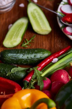 Sebzeler, otlar ve spicies, üstten görünüm, seçici odak ile plakalar arasında ahşap kase taze kırmızı turp.