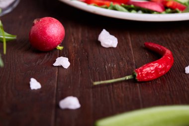 Sebzeler, otlar ve spicies, üstten görünüm, seçici odak ile plakalar arasında ahşap kase taze kırmızı turp.