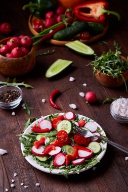 Sebzeler, otlar ve spicies, üstten görünüm, seçici odak ile plakalar arasında ahşap kase taze kırmızı turp.