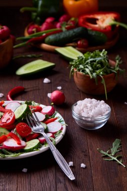 Sebzeler, otlar ve spicies, üstten görünüm, seçici odak ile plakalar arasında ahşap kase taze kırmızı turp.
