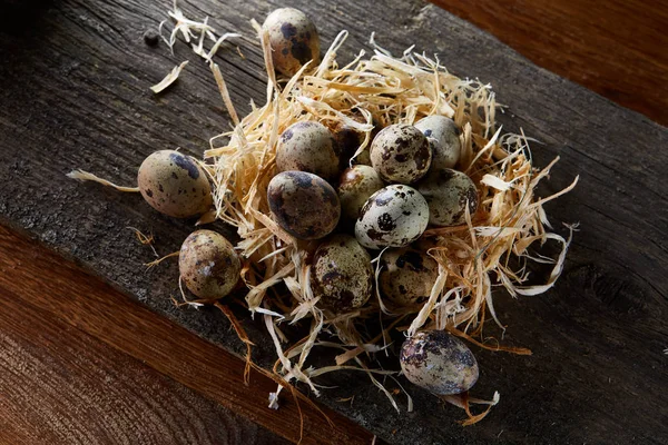 Bodegón conceptual con huevos de codorniz en nido de heno sobre fondo de madera oscura, enfoque selectivo — Foto de Stock