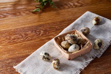 Rustik ahşap masa, yakın çekim, yüksek açılı görünüş, seçici odak kapsayıcısında bıldırcın yumurtası.