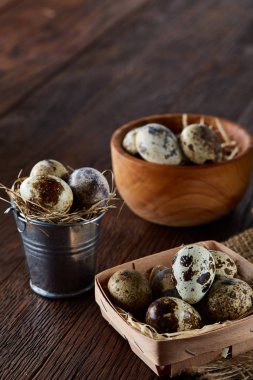 Bıldırcın yumurtası kova, kutu ve ıslak zeminde ahşap arka plan, seçici odak keten bir peçete ile rustik natürmort