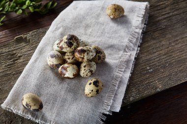 Piramit peçeteye Şimşir dalları ile düzenlenmiş bir ahşap masa, yakın çekim, seçici odak üzerinde bıldırcın yumurtası.