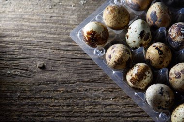 Bıldırcın yumurtası koyu ahşap arka plan, üstten görünüm, seçici odak plastik bir kap içinde