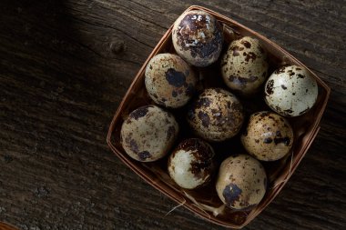 Bıldırcın yumurtası içinde bir vintage ahşap arka plan, üstten görünüm, seçici odak sille.