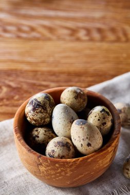 Yumurtalar bıldırcın, ahşap masa, yakın çekim, seçici odak saf bir peçeteye üzerinde yumurta ile kase