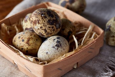 Bıldırcın yumurtası içinde bir rustik ahşap arka plan, üstten görünüm, seçici odak sille.