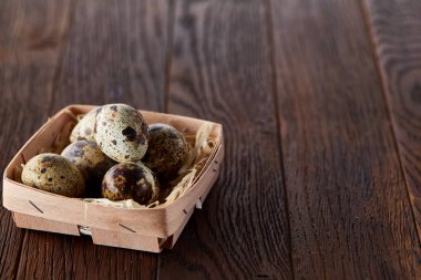 Bıldırcın yumurtası içinde bir rustik ahşap arka plan, üstten görünüm, seçici odak sille.