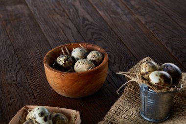 Bıldırcın yumurtası kova, kutu ve ıslak zeminde ahşap arka plan, seçici odak keten bir peçete ile rustik natürmort