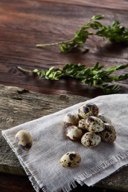 Piramit peçeteye Şimşir dalları ile düzenlenmiş bir ahşap masa, yakın çekim, seçici odak üzerinde bıldırcın yumurtası.