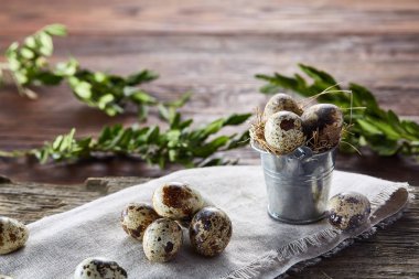 Bıldırcın yumurtası keten peçete ve Şimşir dal, seçici odak demet bahar bileşimi
