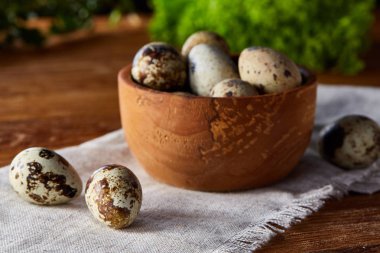 Rustik ahşap masa, yakın çekim, yüksek açılı görünüş, seçici odak kapsayıcısında bıldırcın yumurtası.