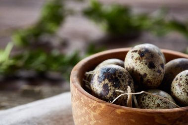 Kırsal natürmort kase yumurta bıldırcın tam ile yumurta saf peçeteye Şimşir ahşap arka plan, üstten görünüm