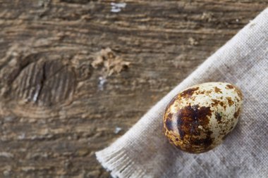 Piramit peçeteye Şimşir dalları ile düzenlenmiş bir ahşap masa, yakın çekim, seçici odak üzerinde bıldırcın yumurtası.