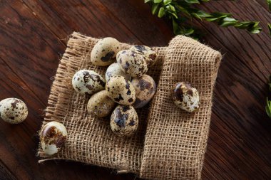 Piramit peçeteye Şimşir dalları ile düzenlenmiş bir ahşap masa, yakın çekim, seçici odak üzerinde bıldırcın yumurtası.