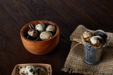 Bıldırcın yumurtası kova, kutu ve ıslak zeminde ahşap arka plan, seçici odak keten bir peçete ile rustik natürmort