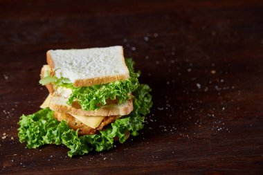 Lezzetli ve taze sandviç koyu ahşap zemin, yakın çekim