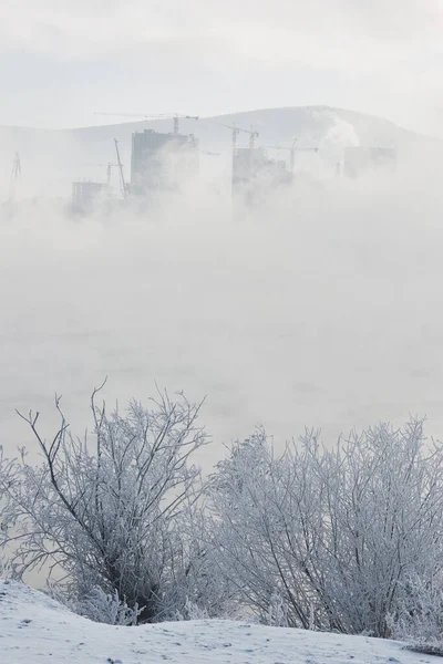 Winter Uitzicht Rivier Mist Bomen Vorst Gebouwen Achtergrond — Stockfoto