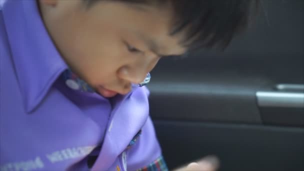 Boy play game on the phone in the car. — Stock Video