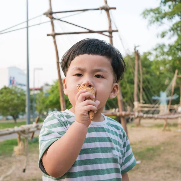 Small boy taking an ice cream in the park — Stock Photo, Image