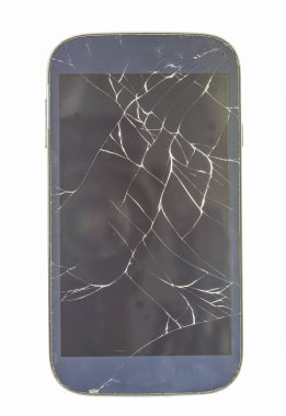 kırık ekran ve toz, üzerinde beyaz izole hareket eden smartphone