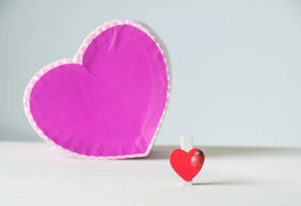 Red Heart Blurred Big Purple Heart Background Red Lady Bug — Stock Photo, Image