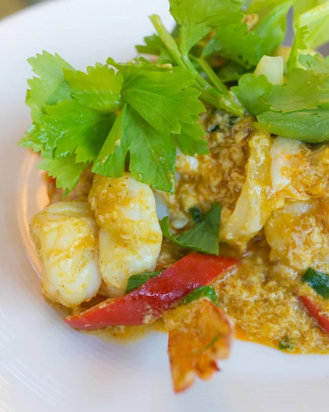 Stir Fried Shrimp Curry Powder White Dish Table — Stock Photo, Image