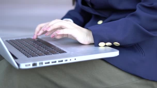 Empresaria Escribiendo Comentarios Portátil Sofá Primeros Planos Manos Femeninas Escribiendo — Vídeo de stock