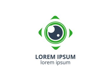 Kameranın yaratıcı şekil mercek tasarımı sembolü. Fotoğraf stüdyosu, medya işi veya dijital uygulama için şablon simgesi logosu.