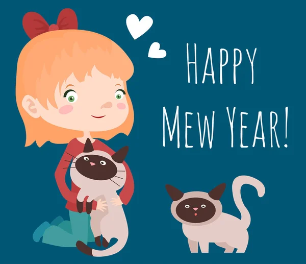 Дівчина і кішки з Щасливим роком — стоковий вектор