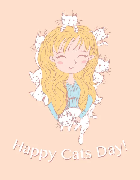 Cute girl with many  cats — Stock Vector