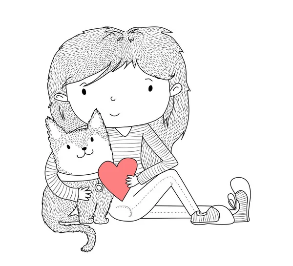 Girl and cat characters hugs — Stock Vector