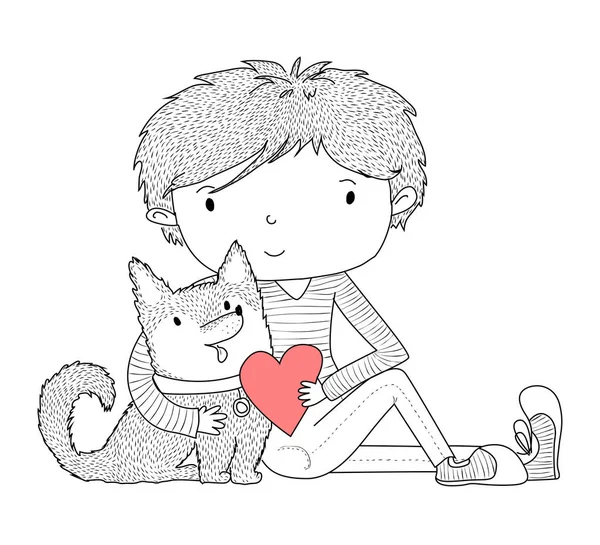 Niño y perro abrazo — Vector de stock