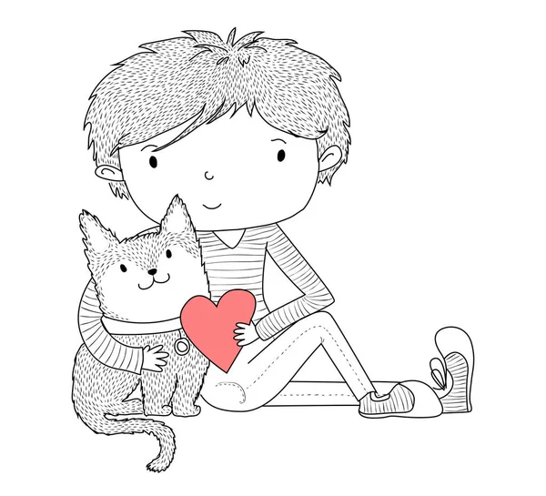 Niño y gato abrazo — Vector de stock