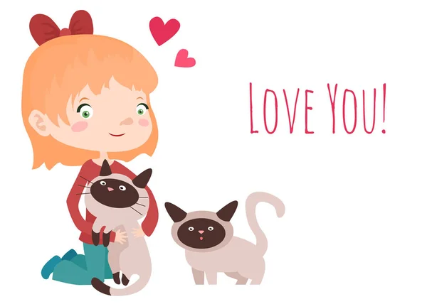 Kız ve kedi karakter hugs — Stok Vektör