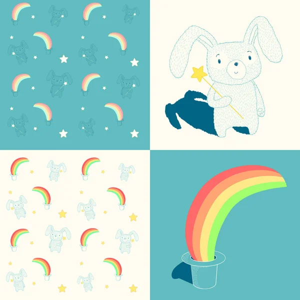 Conejo divertido y arco iris — Vector de stock
