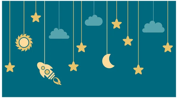 Stars and a rocket hanging on the ropes — Stock Vector