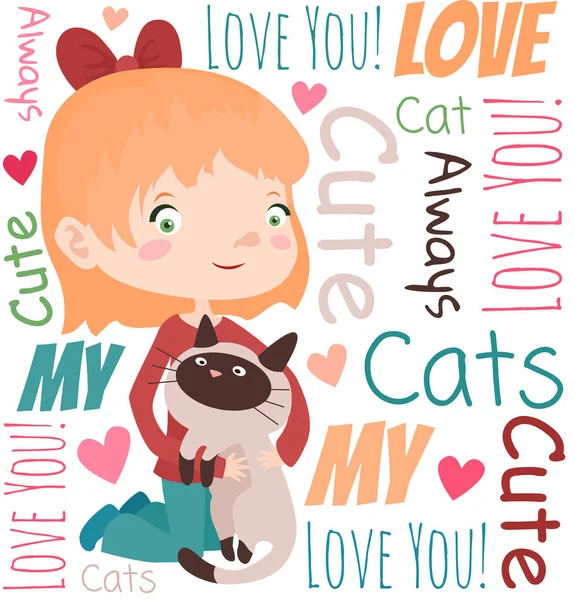 少女と猫の文字抱擁 — ストックベクタ